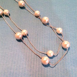Vintage RMN Signed Silver Tone Faux Pearl Double Station Chain Necklace *